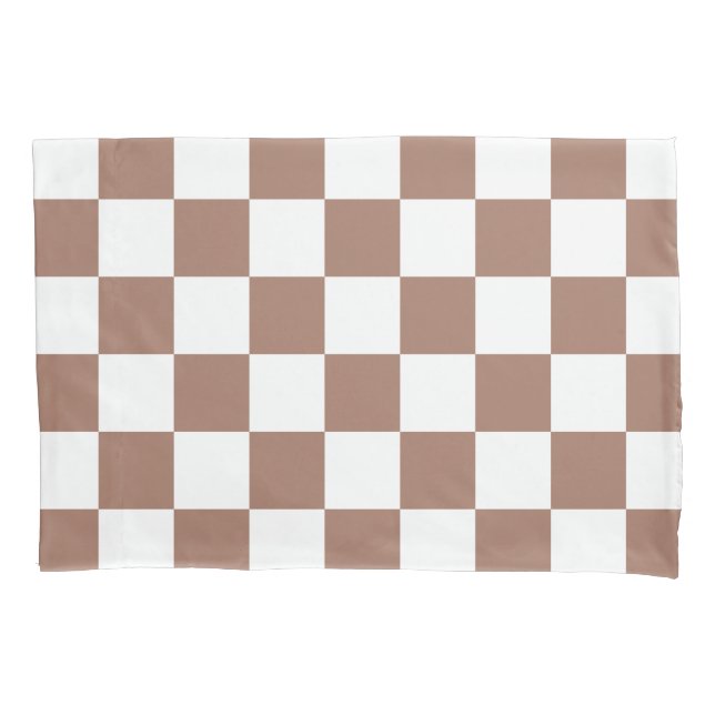 Chequered squares mocha brown white geometric retr pillowcase (Front)