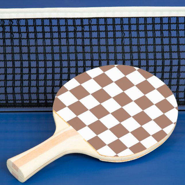 Chequered squares mocha brown white geometric retr ping pong paddle (Insitu)