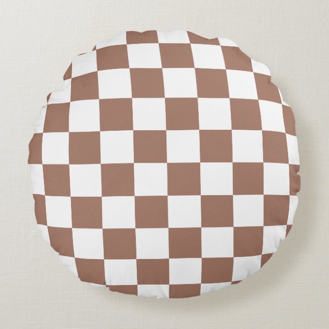 Chequered squares mocha brown white geometric retr round cushion (Front)
