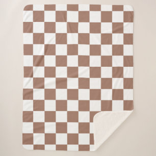 Chequered squares mocha brown white geometric retr sherpa blanket