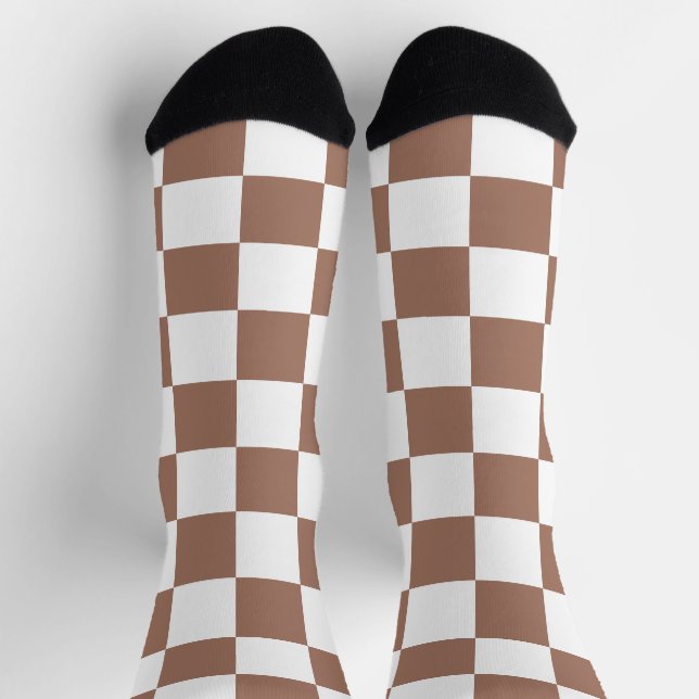 Chequered squares mocha brown white geometric retr socks (Top)