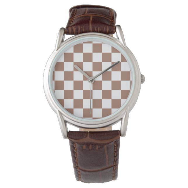 Chequered squares mocha brown white geometric retr watch (Front)