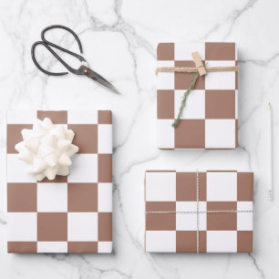 Chequered squares mocha brown white geometric retr wrapping paper sheet