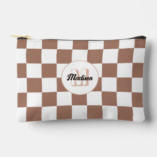 Chequered squares mocha brown white retro Monogram Accessory Pouch