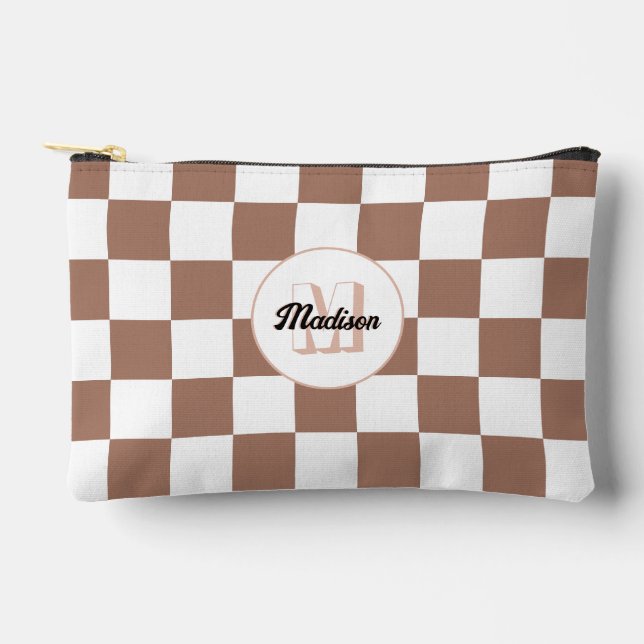 Chequered squares mocha brown white retro Monogram Accessory Pouch (Front)