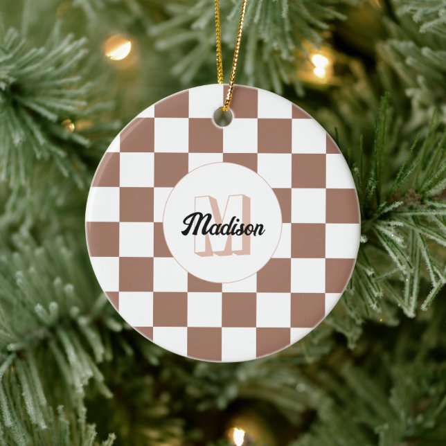 Chequered squares mocha brown white retro Monogram Ceramic Ornament (Tree)
