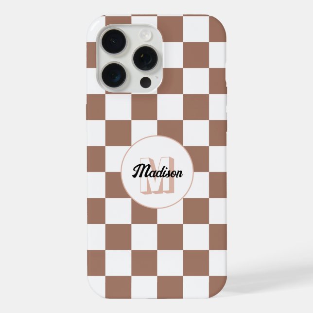 Chequered squares mocha brown white retro Monogram iPhone Case (Back)