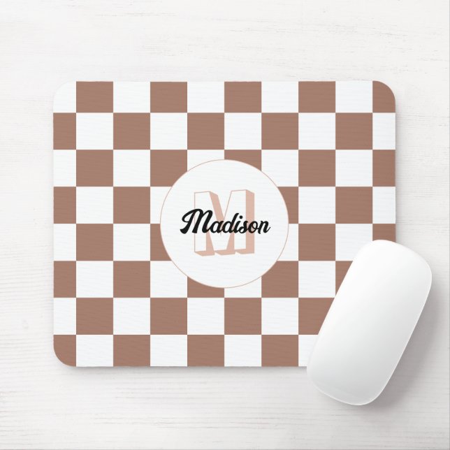 Chequered squares mocha brown white retro Monogram Mouse Pad (With Mouse)