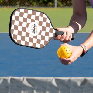 Chequered squares mocha brown white retro Monogram Pickleball Paddle