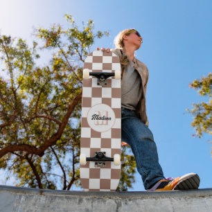 Chequered squares mocha brown white retro Monogram Skateboard