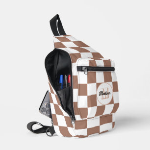 Chequered squares mocha brown white retro Monogram Sling Bag