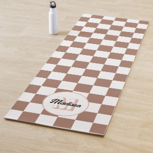 Chequered squares mocha brown white retro Monogram Yoga Mat