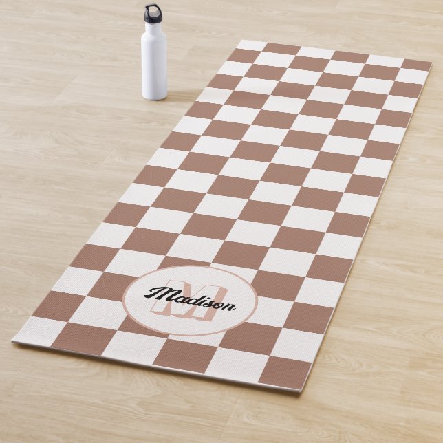 Chequered squares mocha brown white retro Monogram Yoga Mat (In Situ)