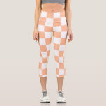 Chequered squares peach and white geometric retro capri leggings<br><div class="desc">Chequered squares peach orange white geometric retro pattern. Cool retro chequered geometric square pattern. Vintage tile white and peach light orange modern chequered.</div>