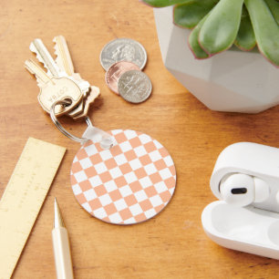 Chequered squares peach and white geometric retro key ring