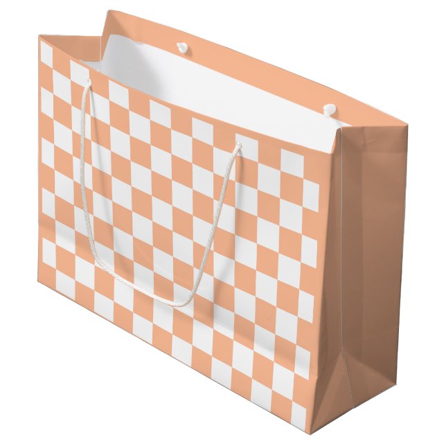 Chequered squares peach and white geometric retro large gift bag (Front Angled)