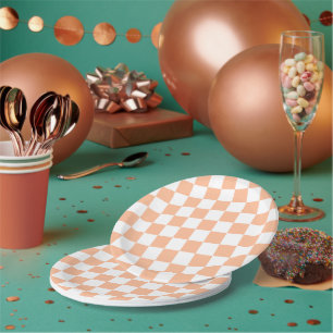 Chequered squares peach and white geometric retro paper plate