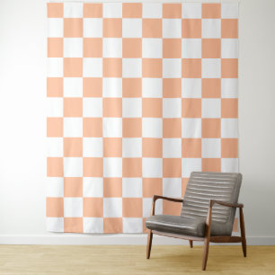 Chequered squares peach and white geometric retro tapestry
