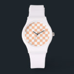 Chequered squares peach and white geometric retro watch<br><div class="desc">Chequered squares peach orange white geometric retro pattern. Cool retro chequered geometric square pattern. Vintage tile white and peach light orange modern chequered.</div>
