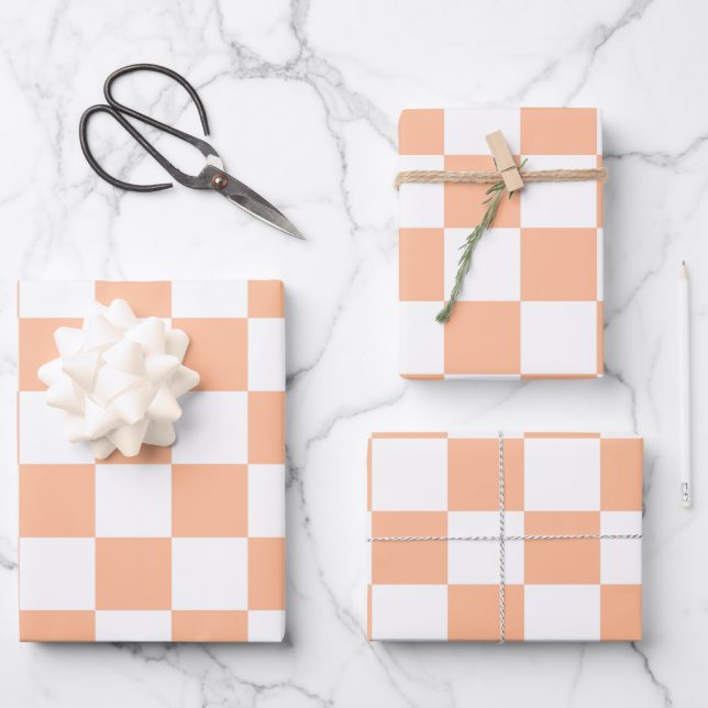 Chequered squares peach and white geometric retro wrapping paper sheet (Front)
