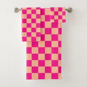 Chequered squares peach hot pink geometric retro bath towel set