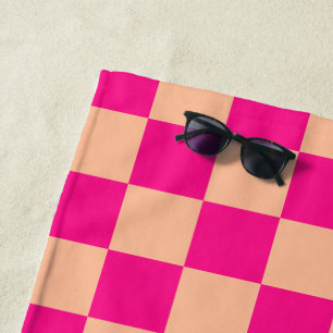 Chequered squares peach hot pink geometric retro beach towel