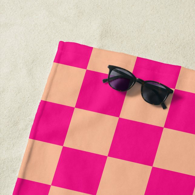 Chequered squares peach hot pink geometric retro beach towel (In Situ)