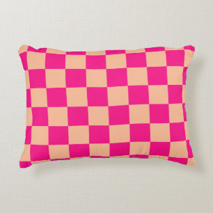 Chequered squares peach hot pink geometric retro decorative cushion