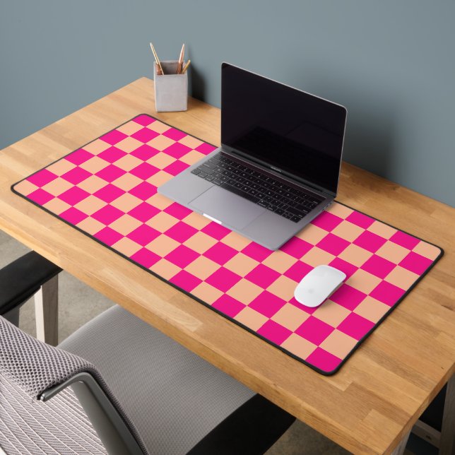 Chequered squares peach hot pink geometric retro desk mat (Office 2)