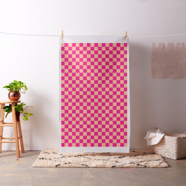 Chequered squares peach hot pink geometric retro fabric (In Situ)