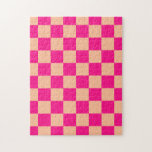 Chequered squares peach hot pink geometric retro jigsaw puzzle<br><div class="desc">Chequered squares peach hot pink geometric retro jigsaw puzzle. Fun Games gift for her. Cool retro chequered geometric square pattern. Vintage tile peach and hot pink modern chequered.</div>