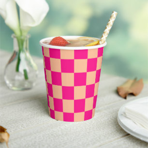 Chequered squares peach hot pink geometric retro paper cups
