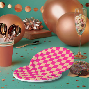Chequered squares peach hot pink geometric retro paper plate