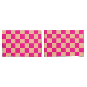 Chequered squares peach hot pink geometric retro pillowcase