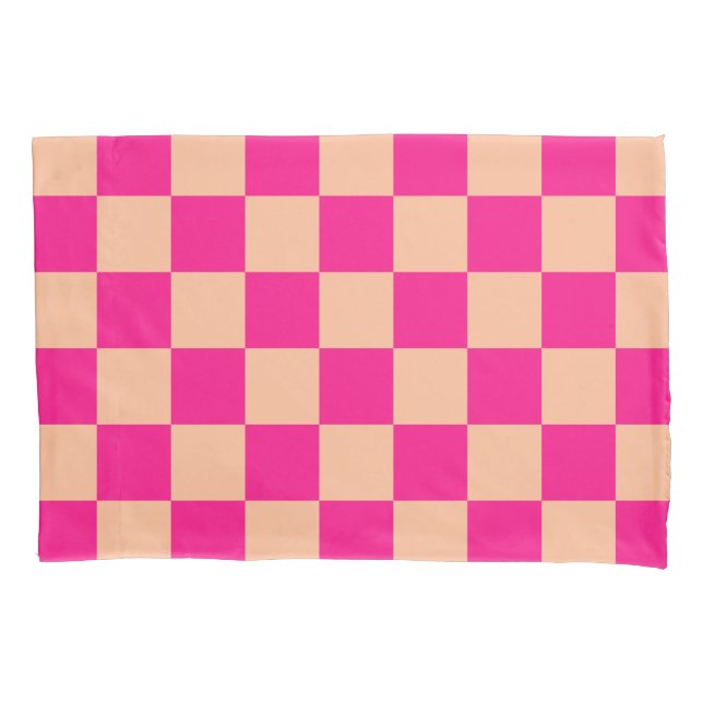 Chequered squares peach hot pink geometric retro pillowcase (Front)