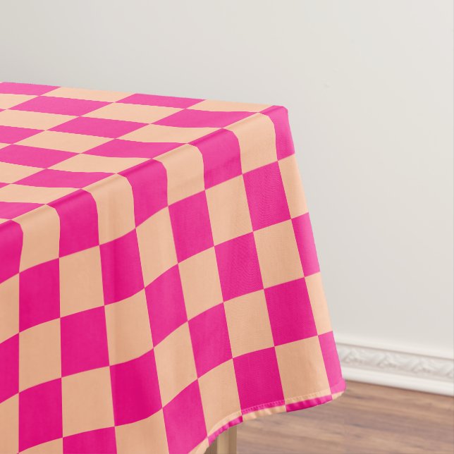 Chequered squares peach hot pink geometric retro tablecloth (In Situ)