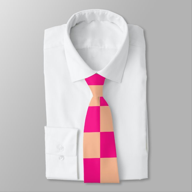 Chequered squares peach hot pink geometric retro tie (Tied)