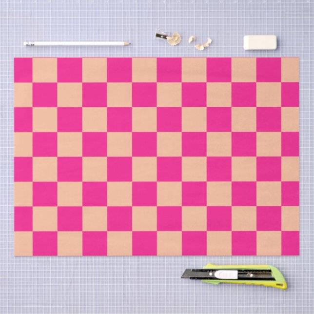 Chequered squares peach hot pink geometric retro tissue paper (Craft)