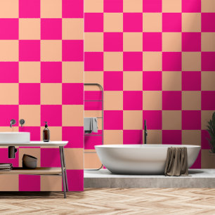 Chequered squares peach hot pink geometric retro wallpaper