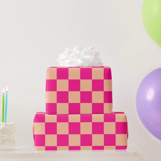 Chequered squares peach hot pink geometric retro wrapping paper (Party Gifts)