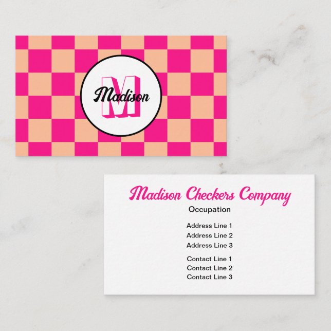 Chequered squares peach hot pink retro Monogram Business Card (Front/Back)