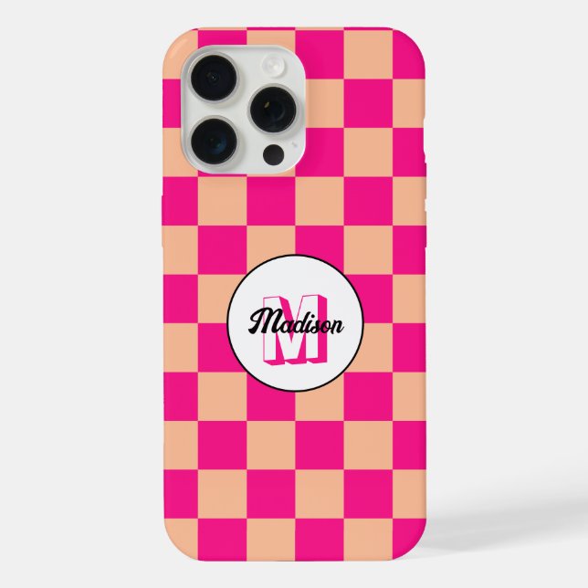 Chequered squares peach hot pink retro Monogram iPhone Case (Back)