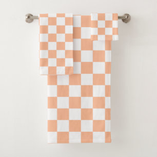 Chequered squares peach orange white geometric bath towel set