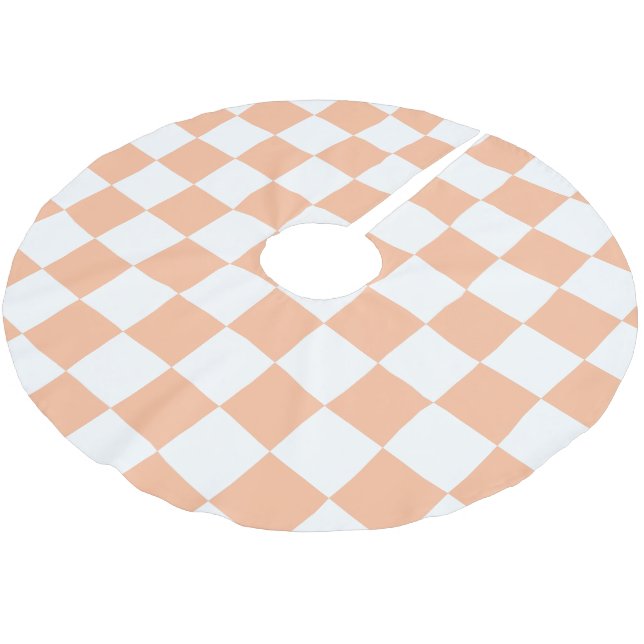 Chequered squares peach orange white geometric brushed polyester tree skirt (Angled)