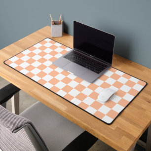 Chequered squares peach orange white geometric desk mat