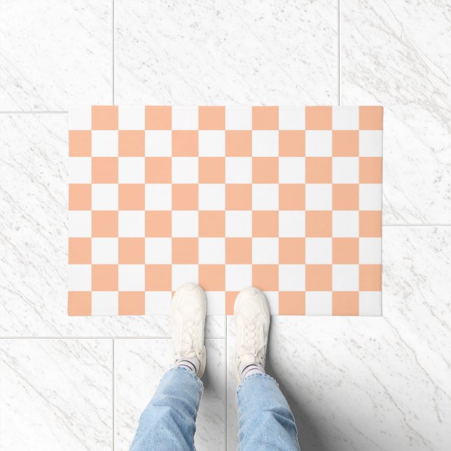 Chequered squares peach orange white geometric doormat (Indoor)