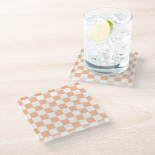 Chequered squares peach orange white geometric glass coaster