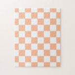 Chequered squares peach orange white geometric jigsaw puzzle<br><div class="desc">Chequered squares peach orange white geometric retro pattern gift. Cool retro chequered geometric square pattern. Vintage tile white and peach light orange modern chequered.</div>
