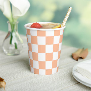 Chequered squares peach orange white geometric paper cups