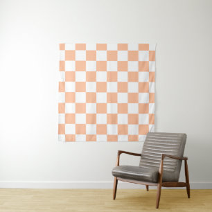 Chequered squares peach orange white geometric tapestry